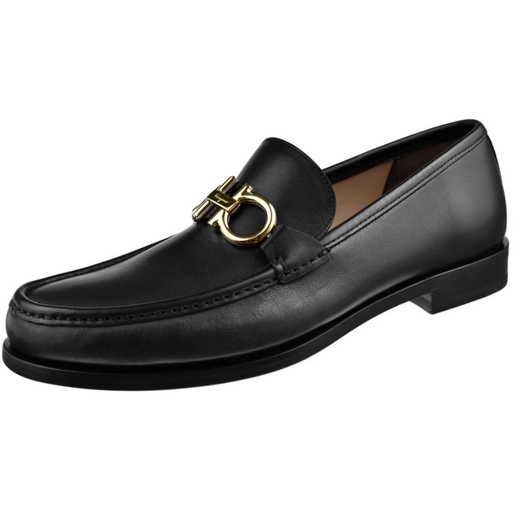 Ferragamo 8e W/Box Rolo Black Leather Men's Loafers Silver Gancini Links